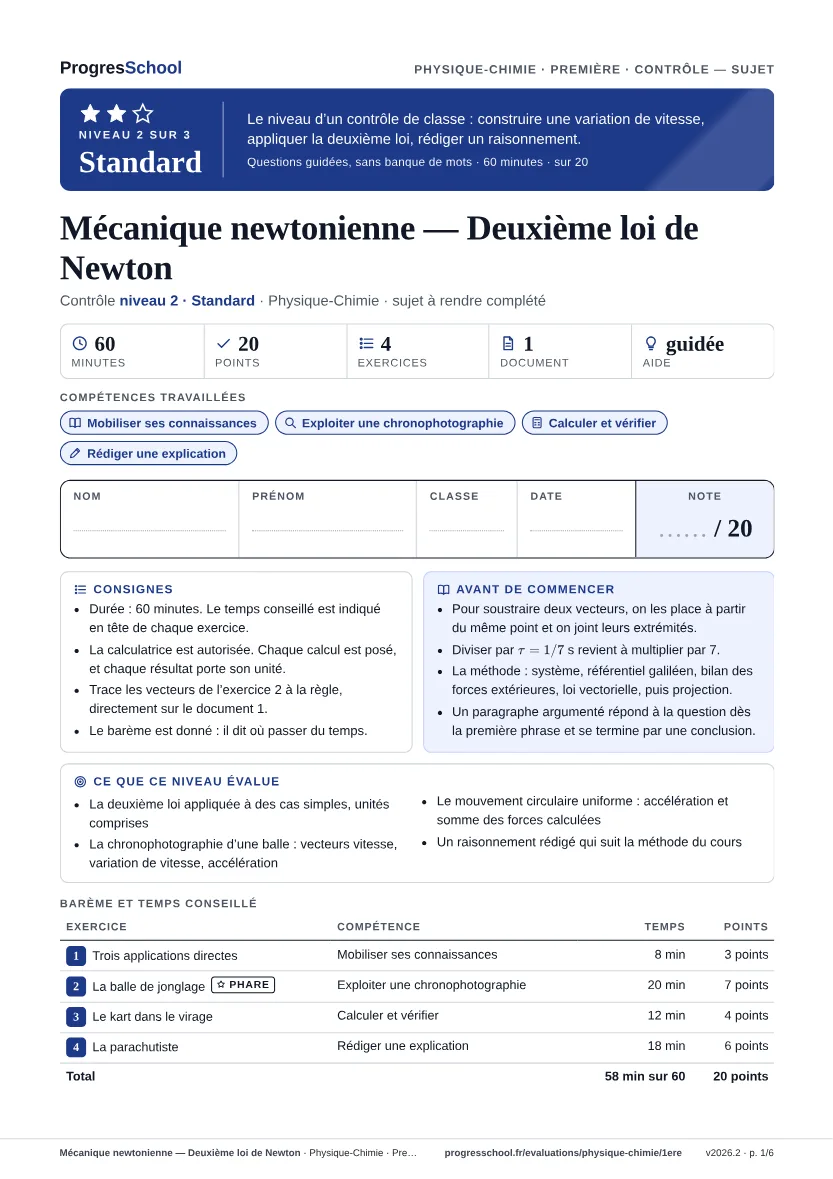 Première page du sujet : Mécanique newtonienne — Deuxième loi de Newton, contrôle Standard