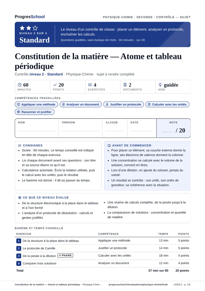Première page du sujet : Constitution de la matière — Atome et tableau périodique, contrôle Standard
