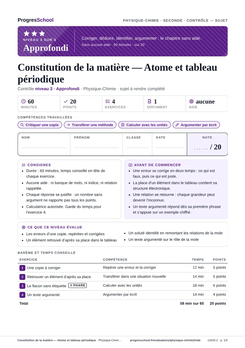 Première page du sujet : Constitution de la matière — Atome et tableau périodique, contrôle Approfondi