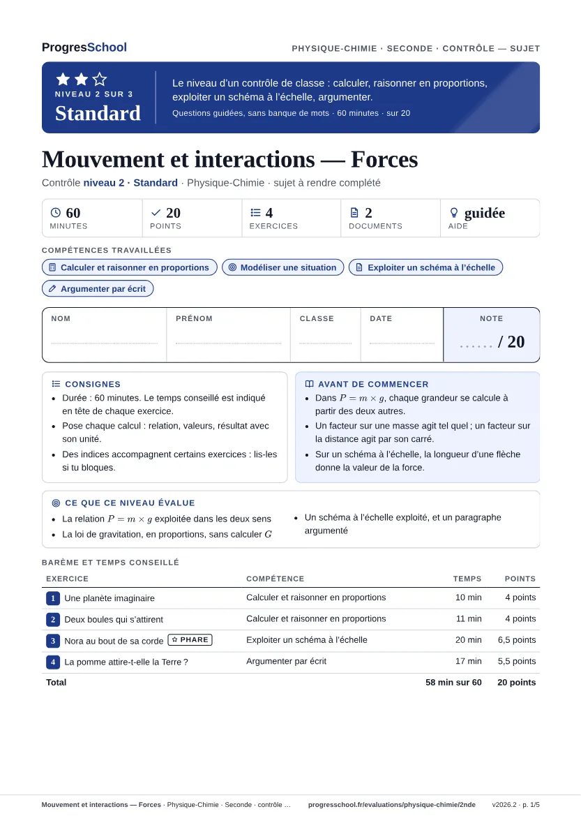 Première page du sujet : Mouvement et interactions — Forces, contrôle Standard
