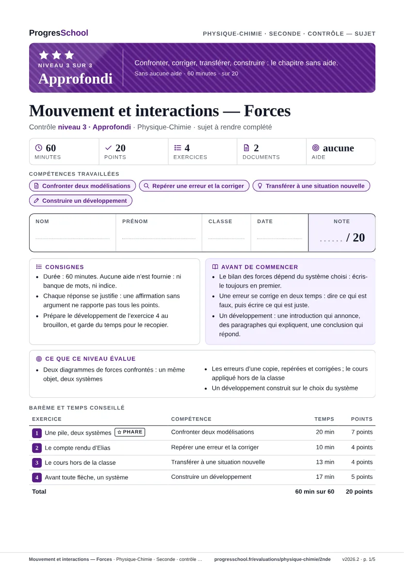 Première page du sujet : Mouvement et interactions — Forces, contrôle Approfondi