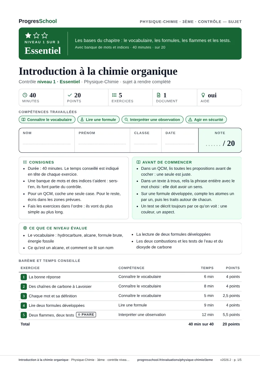 Première page du sujet : Introduction à la chimie organique, contrôle Essentiel