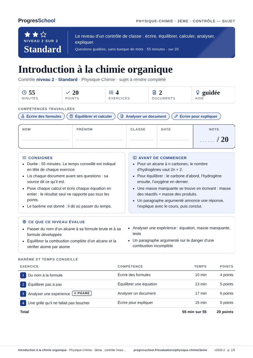 Première page du sujet : Introduction à la chimie organique, contrôle Standard
