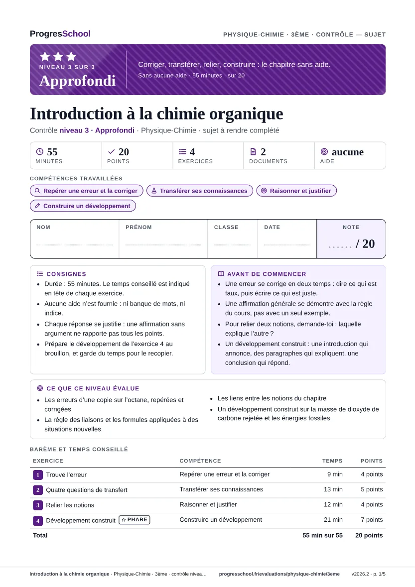 Première page du sujet : Introduction à la chimie organique, contrôle Approfondi