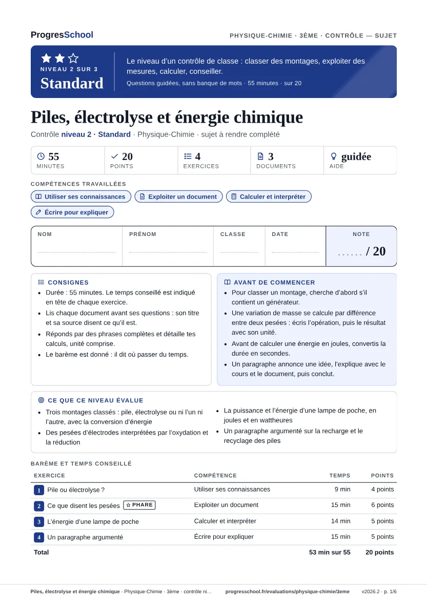 Première page du sujet : Piles, électrolyse et énergie chimique, contrôle Standard
