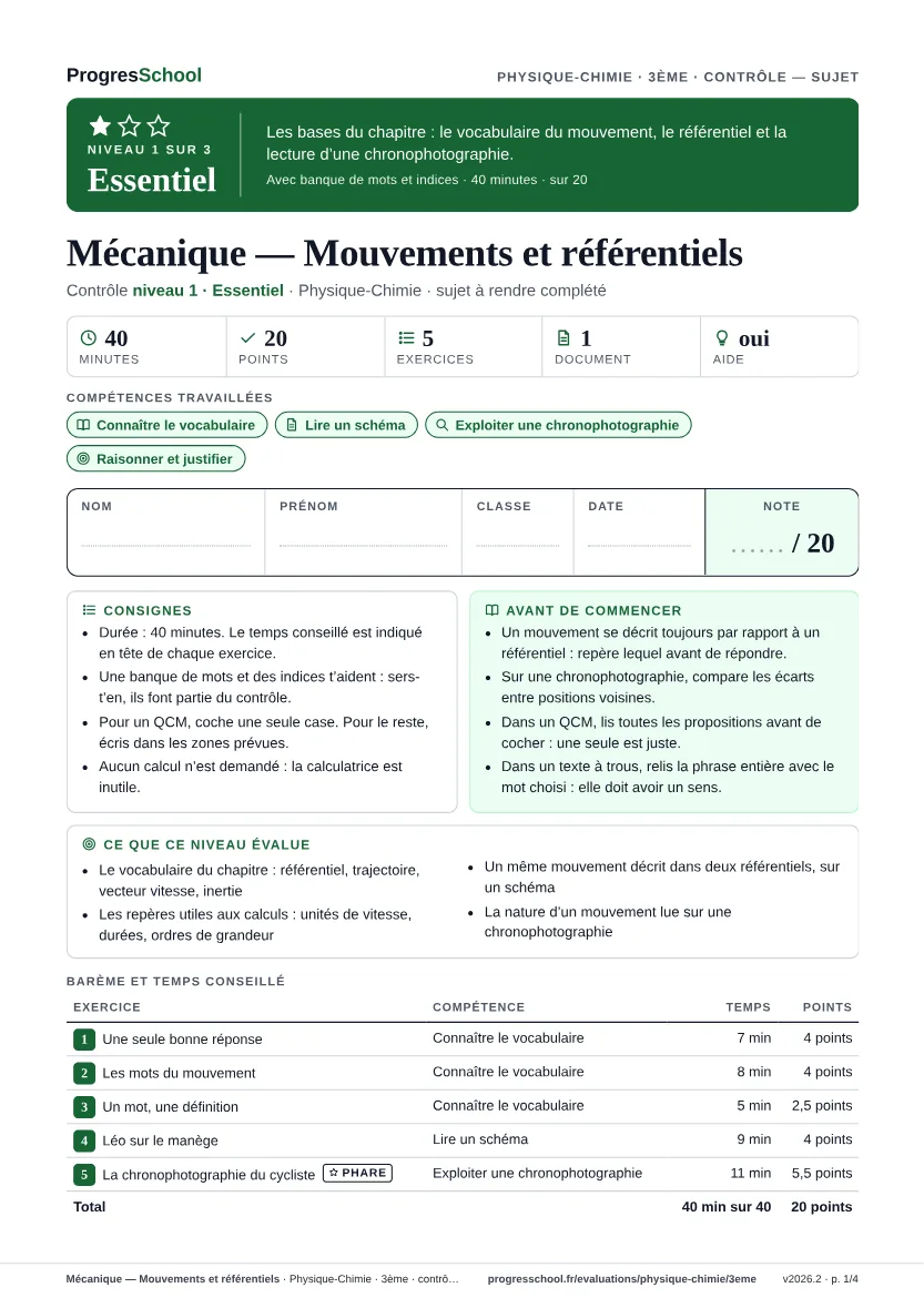 Première page du sujet : Mécanique — Mouvements et référentiels, contrôle Essentiel
