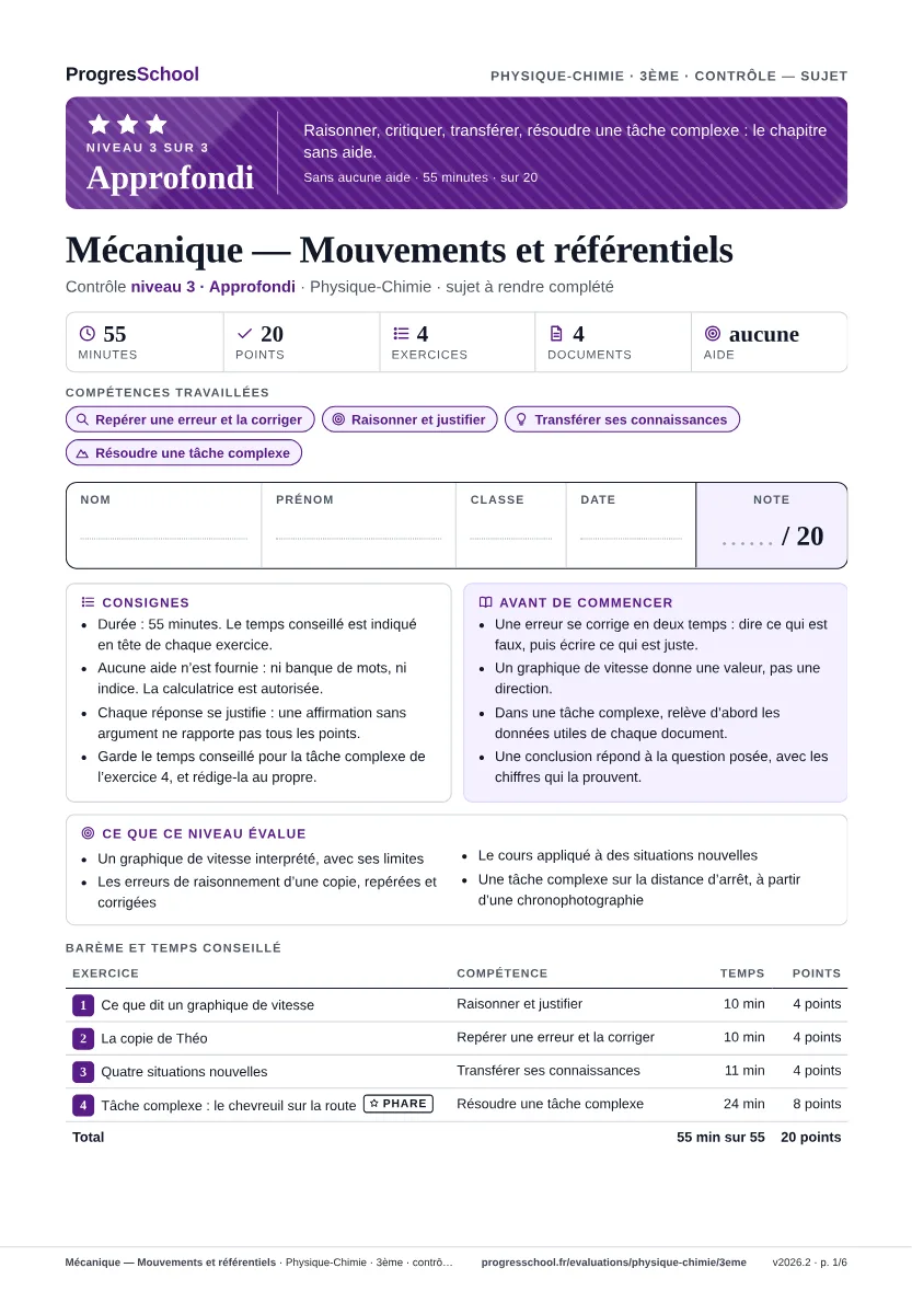 Première page du sujet : Mécanique — Mouvements et référentiels, contrôle Approfondi