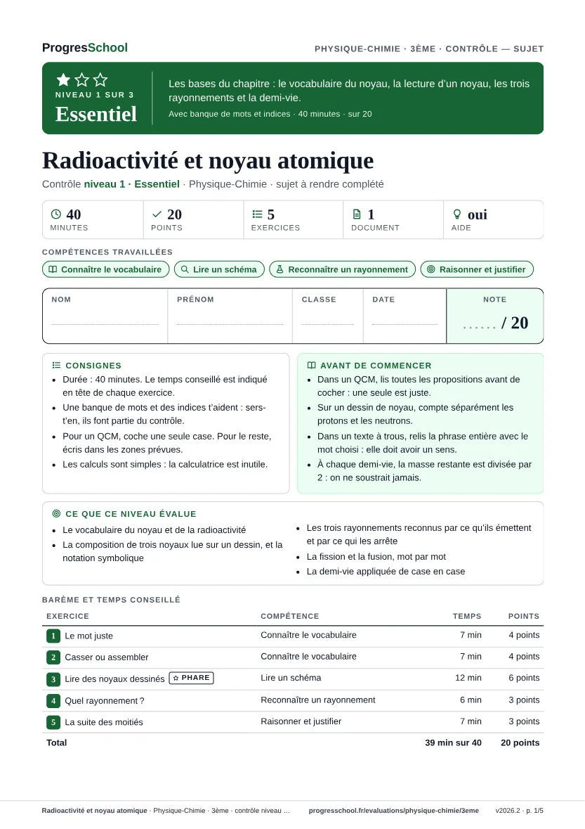 Première page du sujet : Radioactivité et noyau atomique, contrôle Essentiel