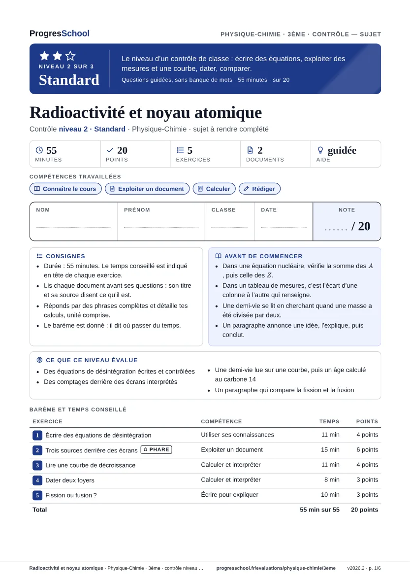 Première page du sujet : Radioactivité et noyau atomique, contrôle Standard