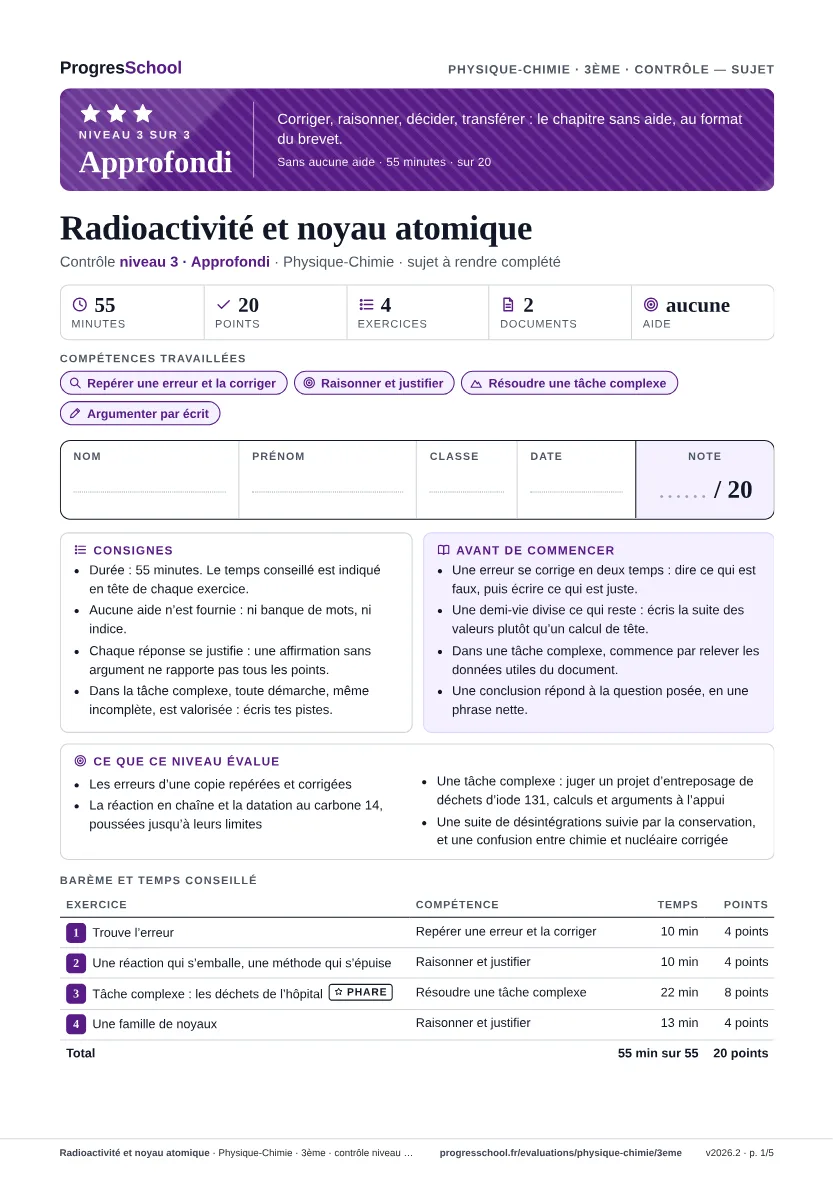 Première page du sujet : Radioactivité et noyau atomique, contrôle Approfondi