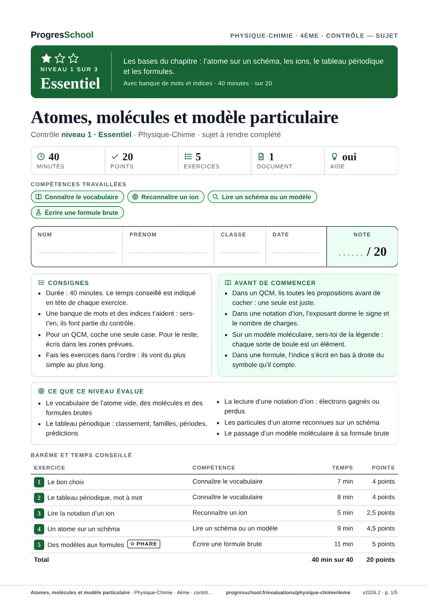 Première page du sujet : Atomes, molécules et modèle particulaire, contrôle Essentiel