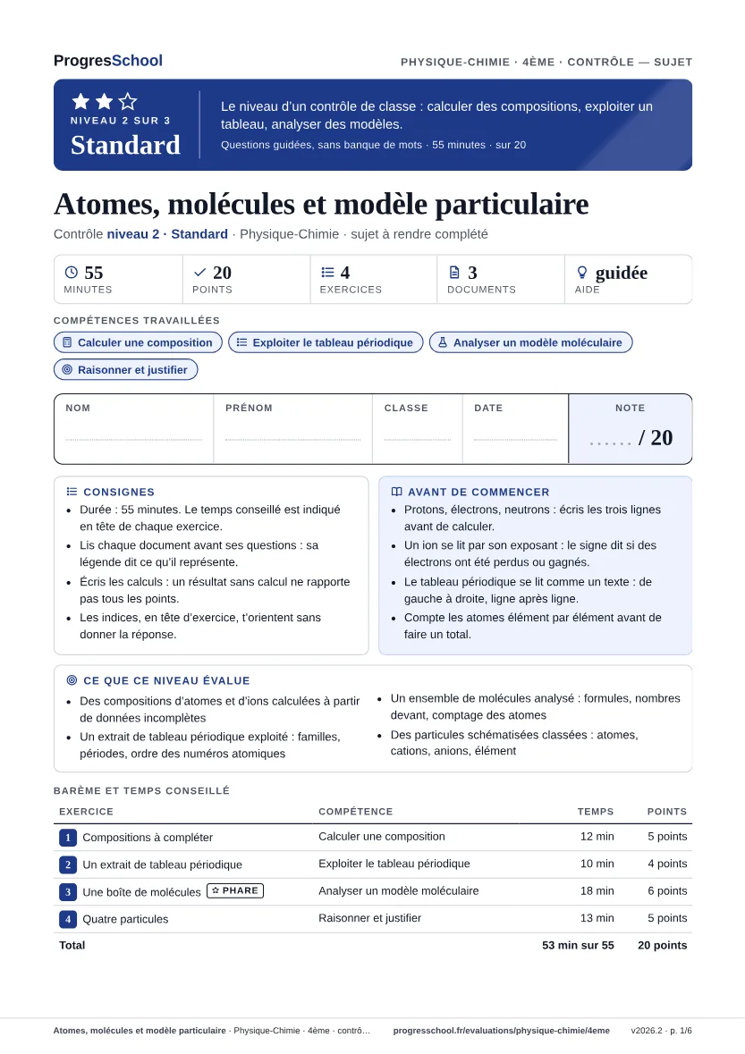Première page du sujet : Atomes, molécules et modèle particulaire, contrôle Standard