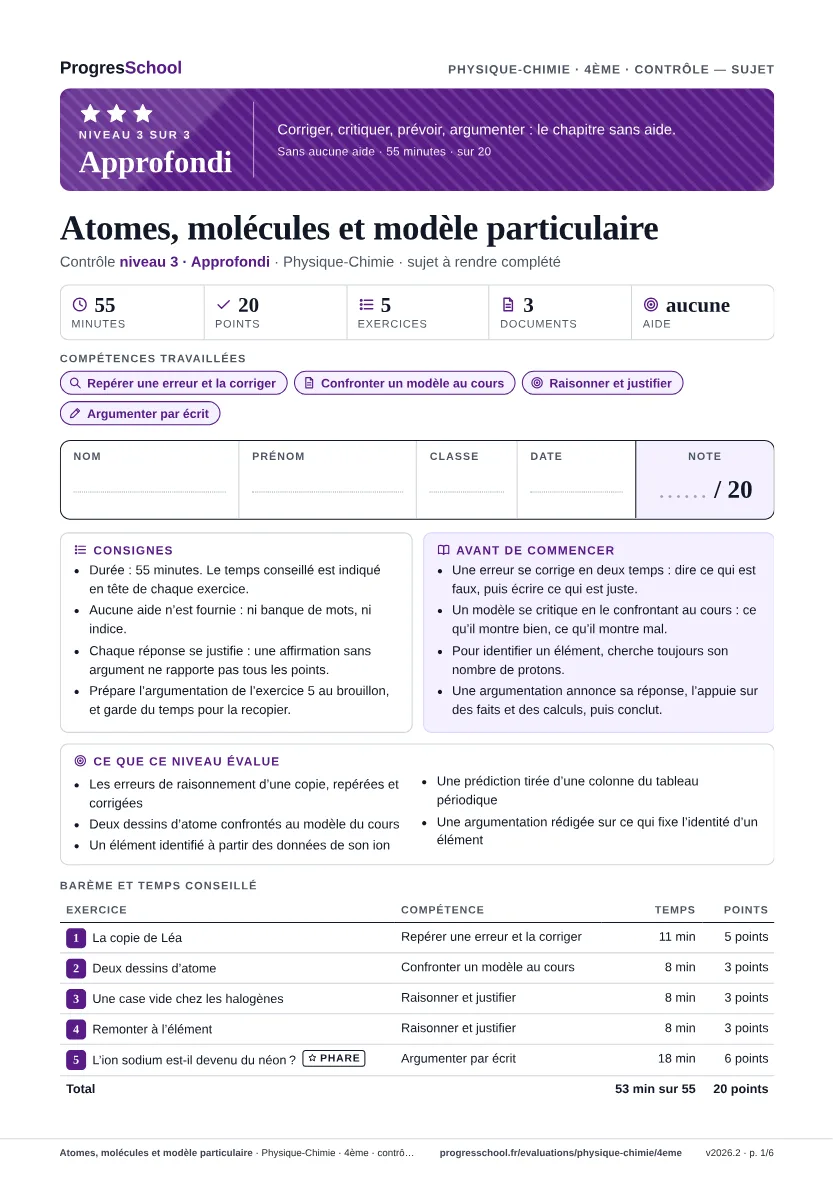 Première page du sujet : Atomes, molécules et modèle particulaire, contrôle Approfondi