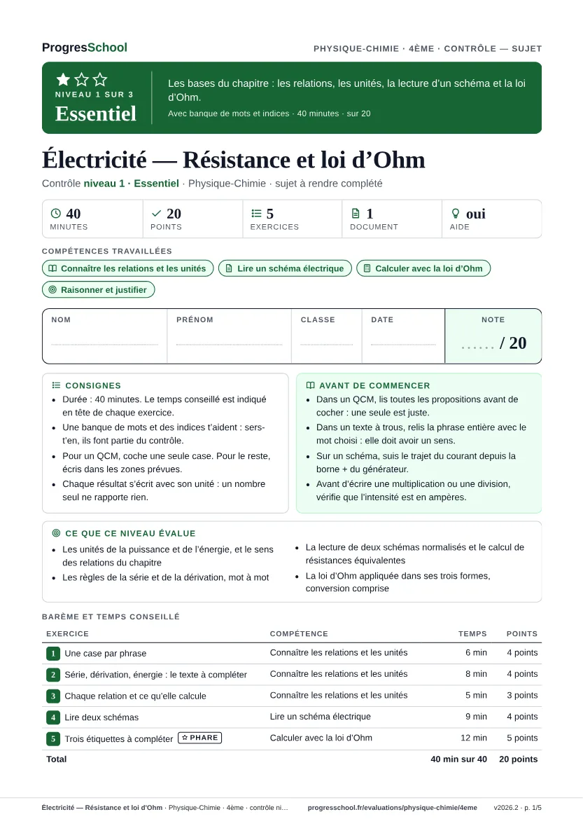 Première page du sujet : Électricité — Résistance et loi d'Ohm, contrôle Essentiel