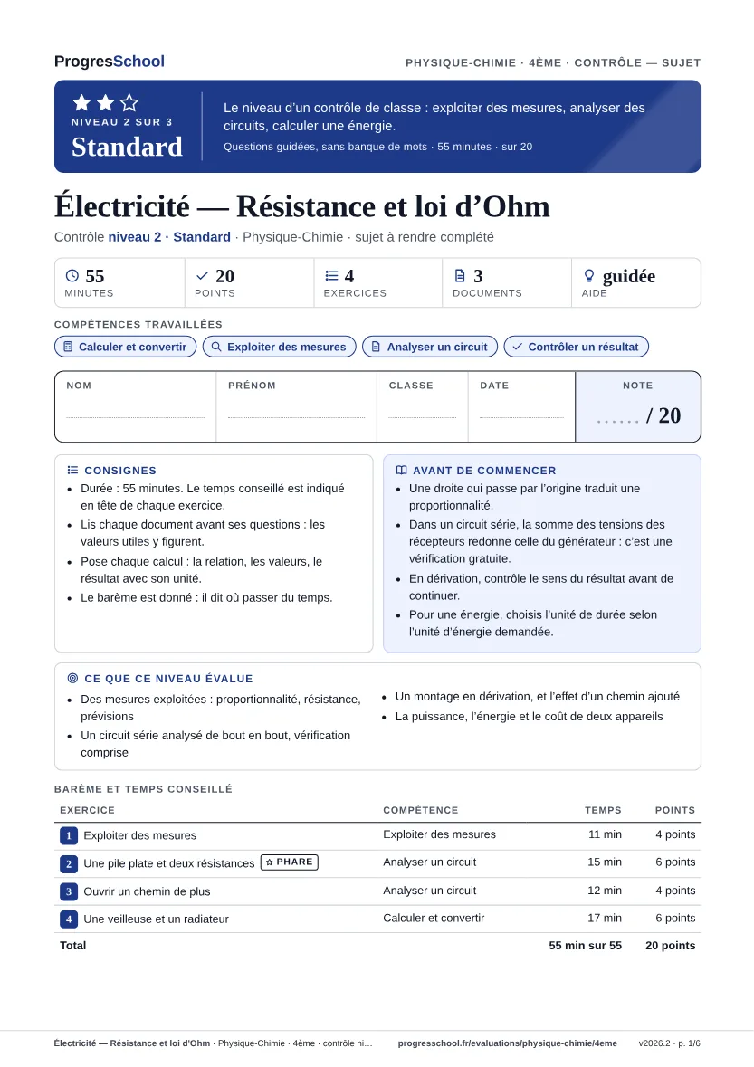 Première page du sujet : Électricité — Résistance et loi d'Ohm, contrôle Standard