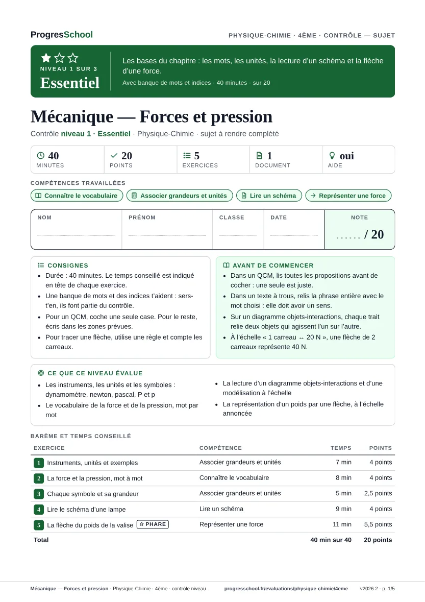 Première page du sujet : Mécanique — Forces et pression, contrôle Essentiel