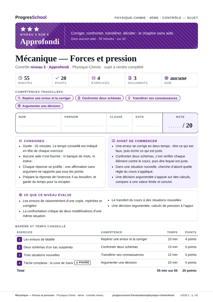 Première page du sujet : Mécanique — Forces et pression, contrôle Approfondi