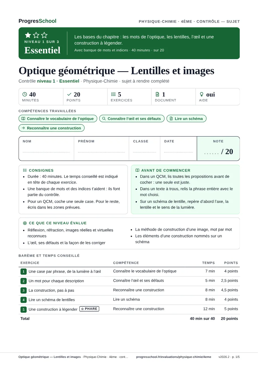 Première page du sujet : Optique géométrique — Lentilles et images, contrôle Essentiel