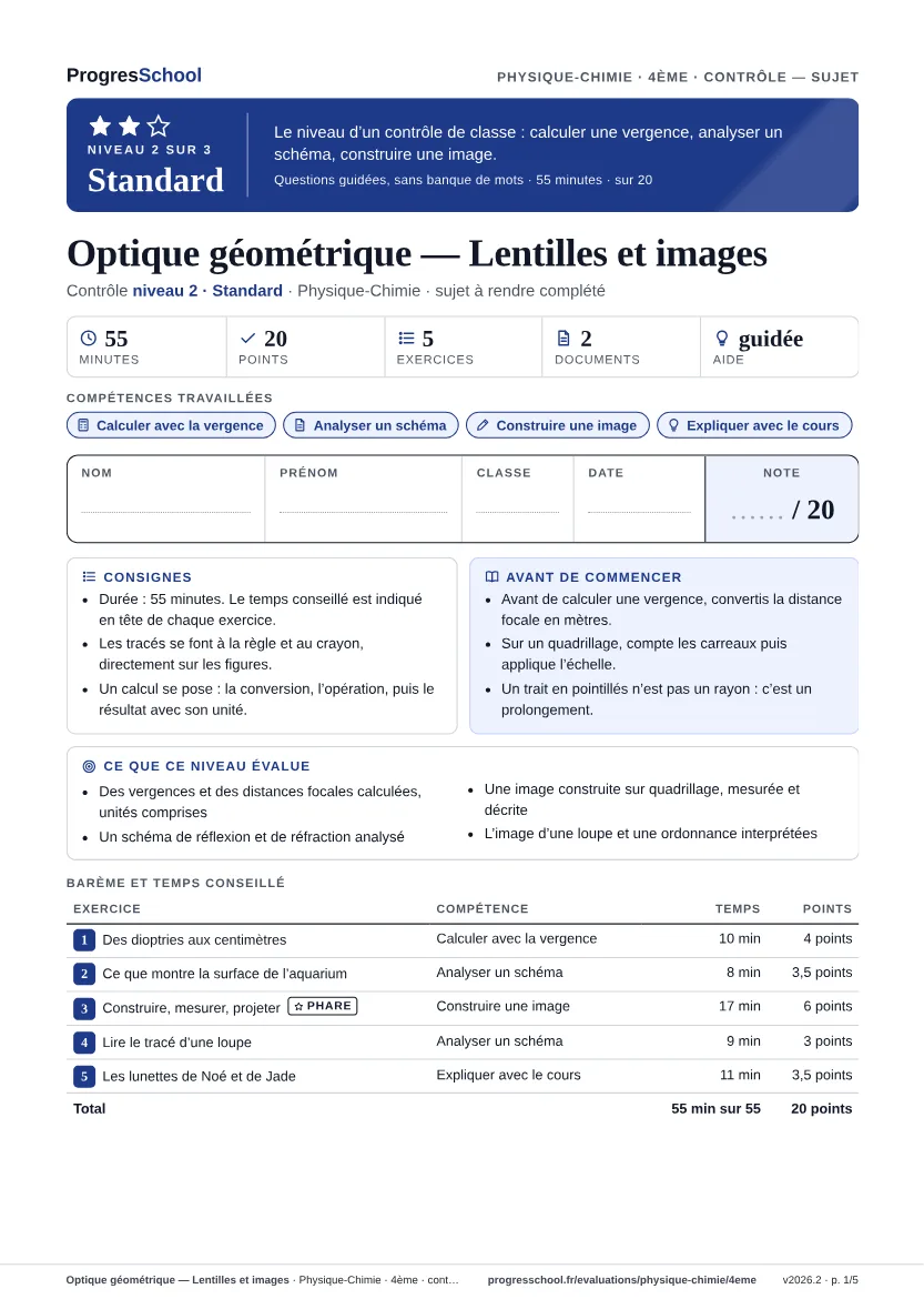 Première page du sujet : Optique géométrique — Lentilles et images, contrôle Standard