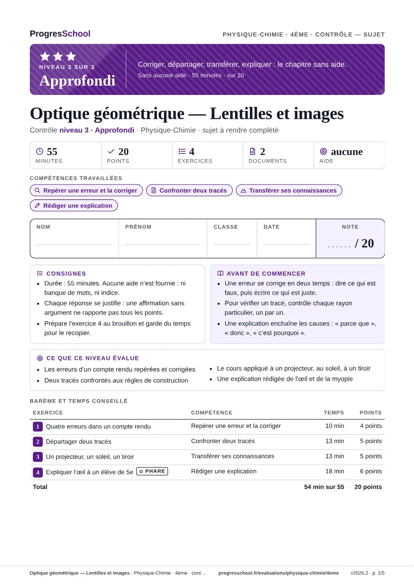 Première page du sujet : Optique géométrique — Lentilles et images, contrôle Approfondi