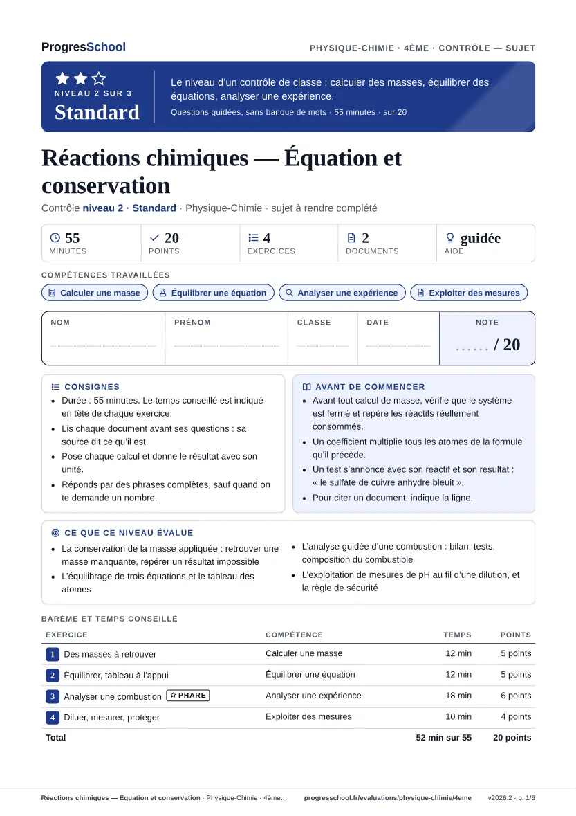 Première page du sujet : Réactions chimiques — Équation et conservation, contrôle Standard
