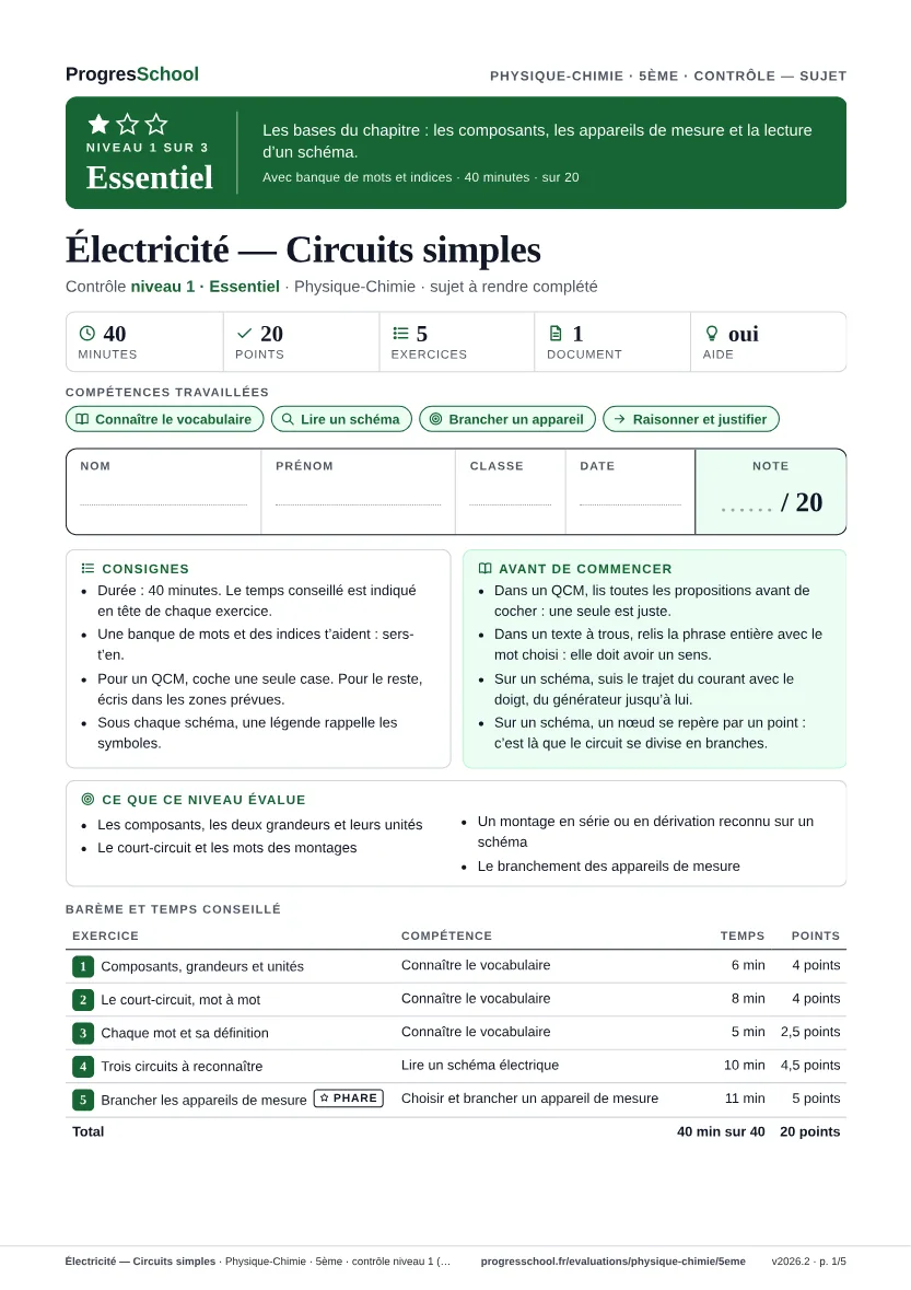 Première page du sujet : Électricité — Circuits simples, contrôle Essentiel