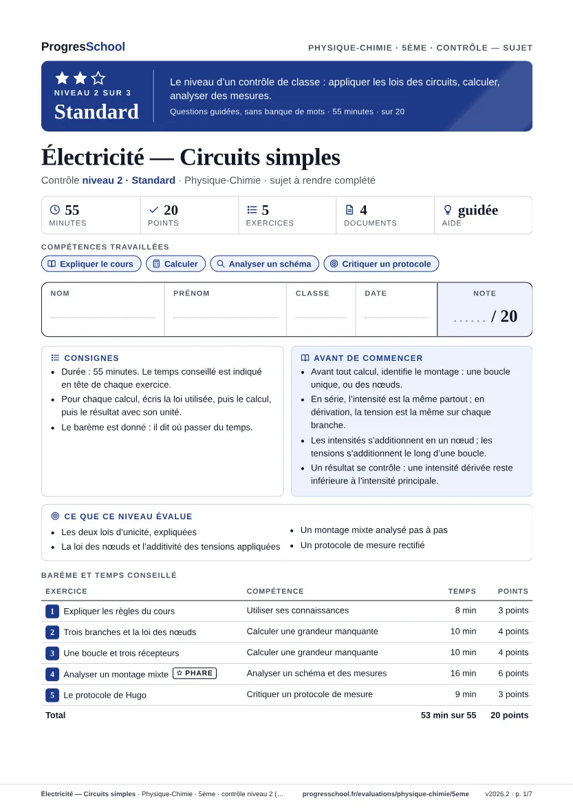 Première page du sujet : Électricité — Circuits simples, contrôle Standard