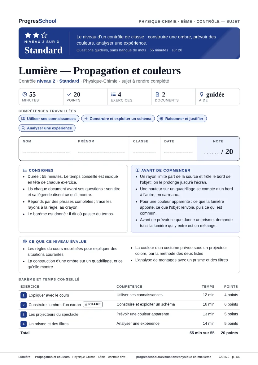 Première page du sujet : Lumière — Propagation et couleurs, contrôle Standard