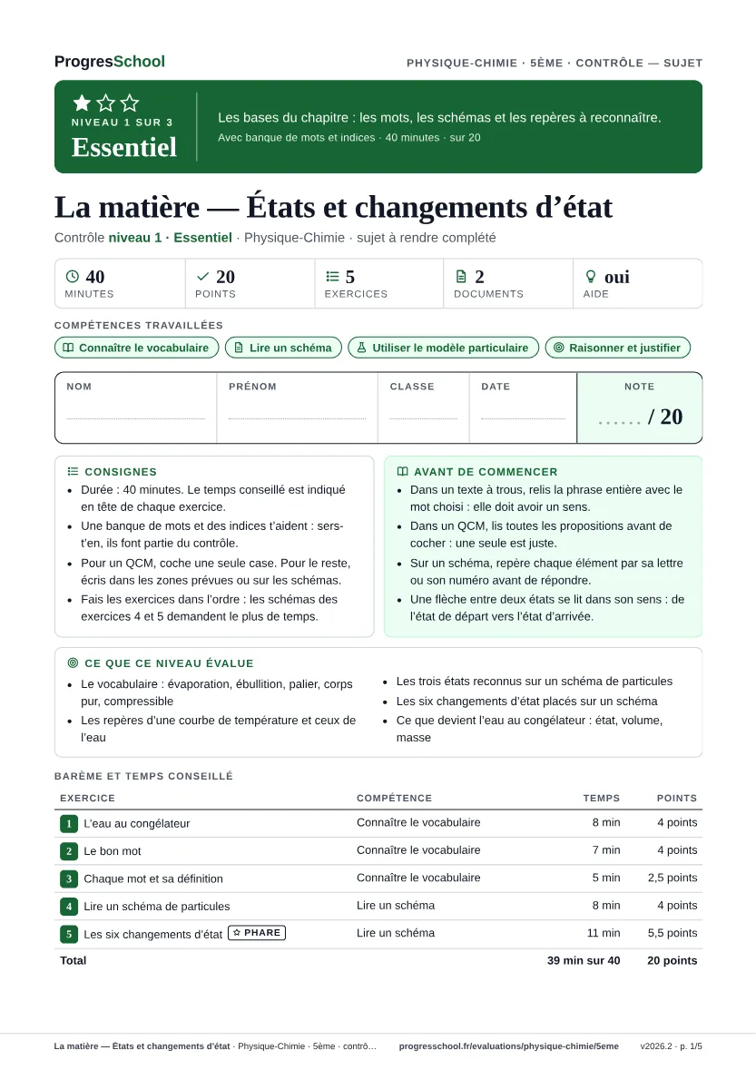 Première page du sujet : La matière — États et changements d'état, contrôle Essentiel