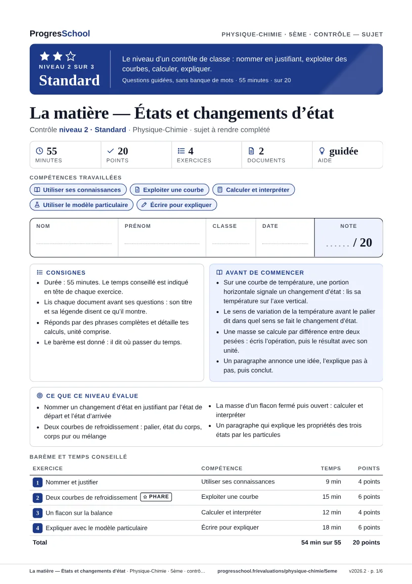 Première page du sujet : La matière — États et changements d'état, contrôle Standard