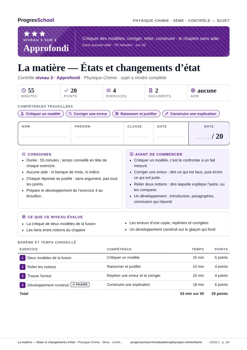 Première page du sujet : La matière — États et changements d'état, contrôle Approfondi