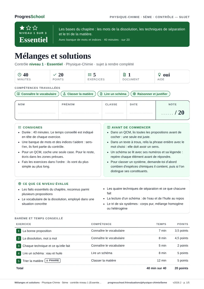 Première page du sujet : Mélanges et solutions, contrôle Essentiel