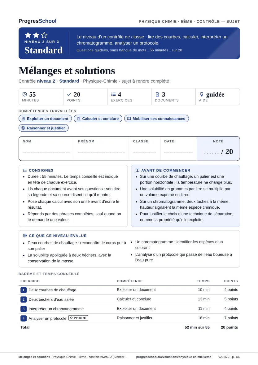 Première page du sujet : Mélanges et solutions, contrôle Standard