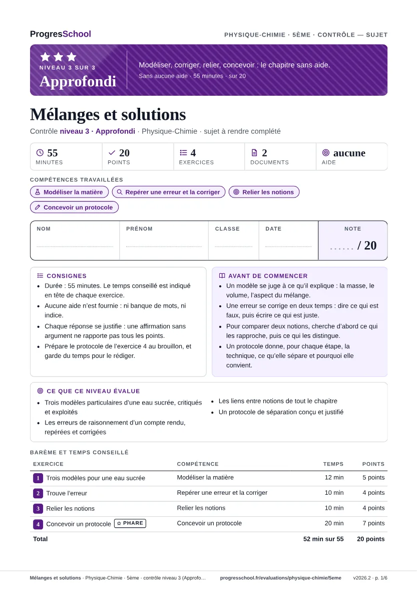 Première page du sujet : Mélanges et solutions, contrôle Approfondi
