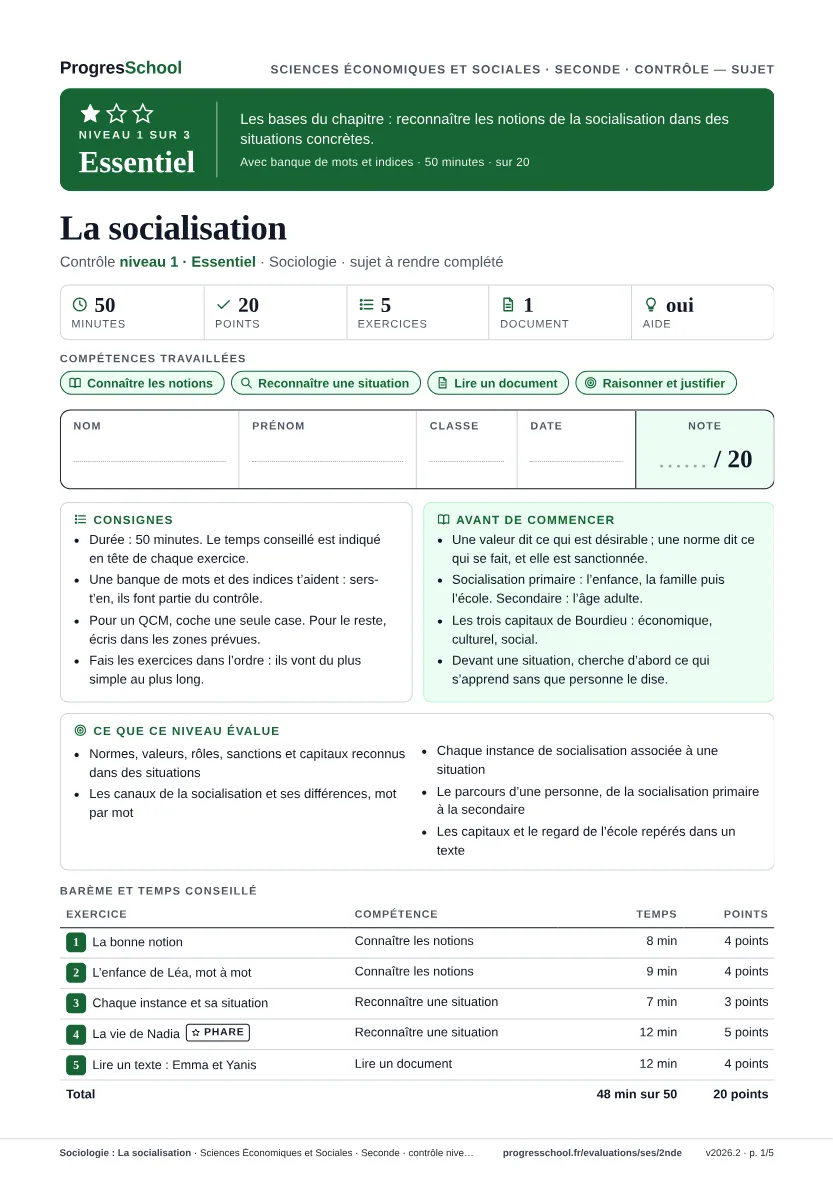 Première page du sujet : Sociologie : La socialisation, contrôle Essentiel