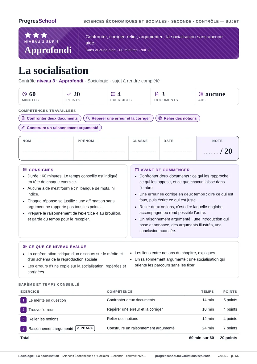 Première page du sujet : Sociologie : La socialisation, contrôle Approfondi