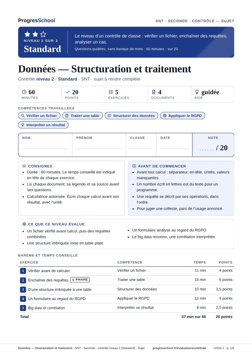 Première page du sujet : Données — Structuration et traitement, contrôle Standard