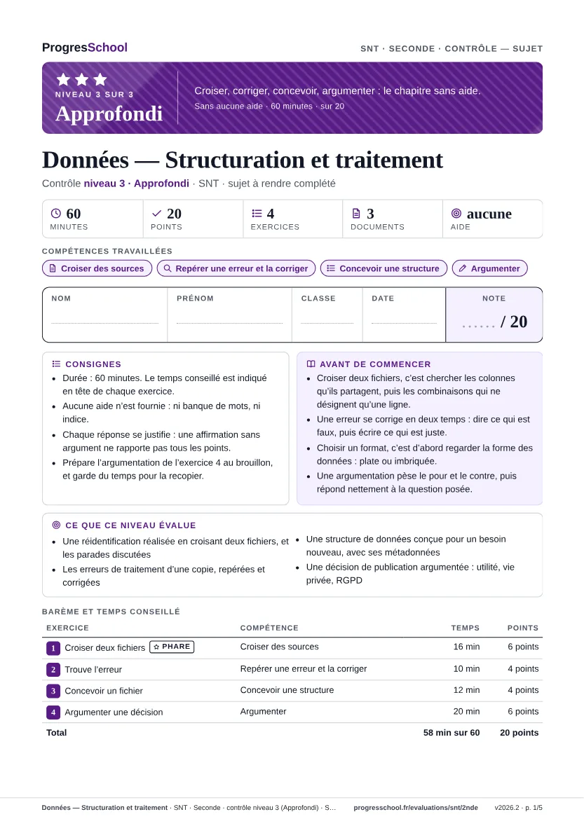 Première page du sujet : Données — Structuration et traitement, contrôle Approfondi