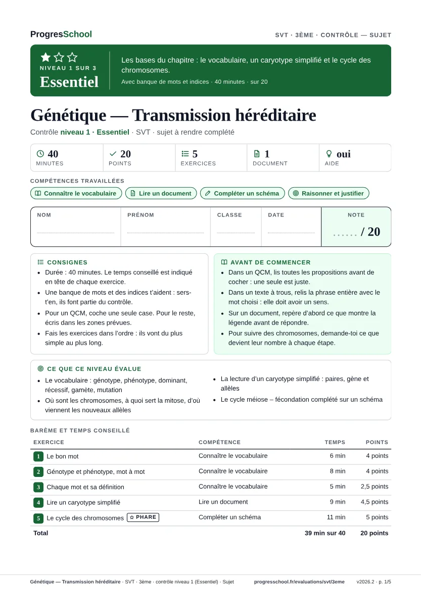 Première page du sujet : Génétique — Transmission héréditaire, contrôle Essentiel