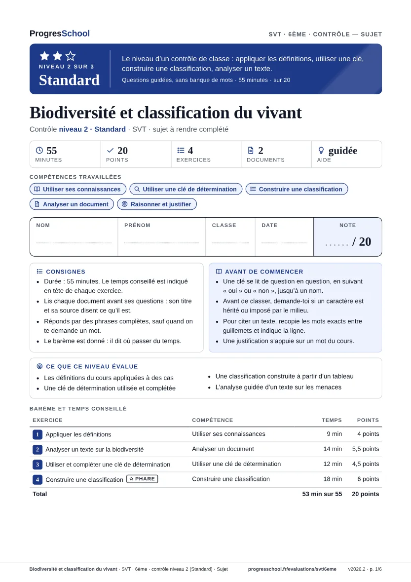 Première page du sujet : Biodiversité et classification du vivant, contrôle Standard